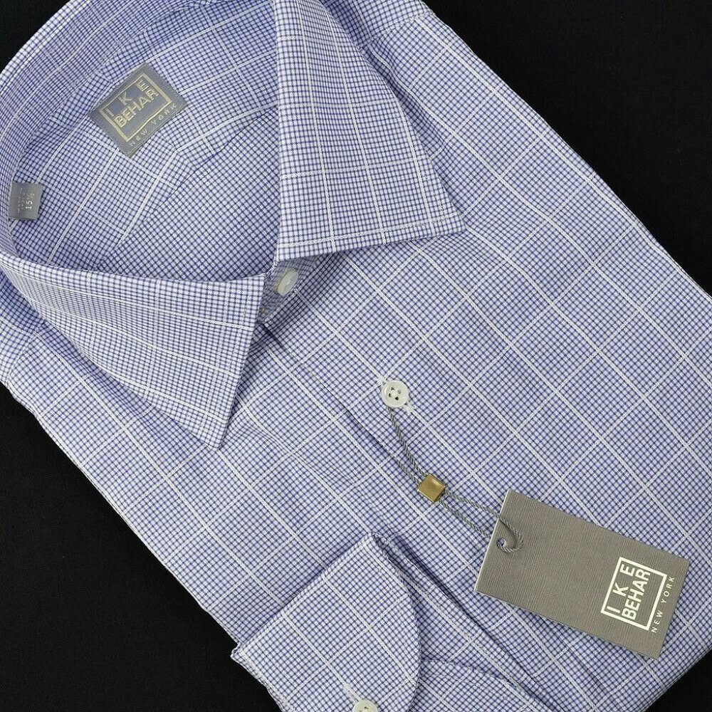 IKE BEHAR GOLD LABEL Mens Blue Purple CHECK Cotton Dress Shirt 15.5 36/37 NWT